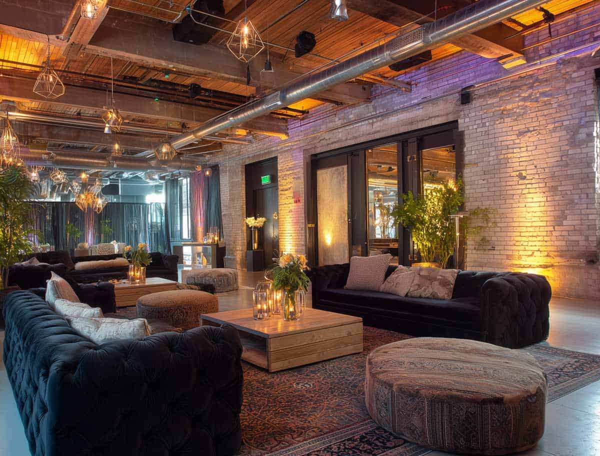 Σύγχρονο αστικό design με βιομηχανικές ήπιες επιρροές σε μια αίθουσα εκδηλώσεων