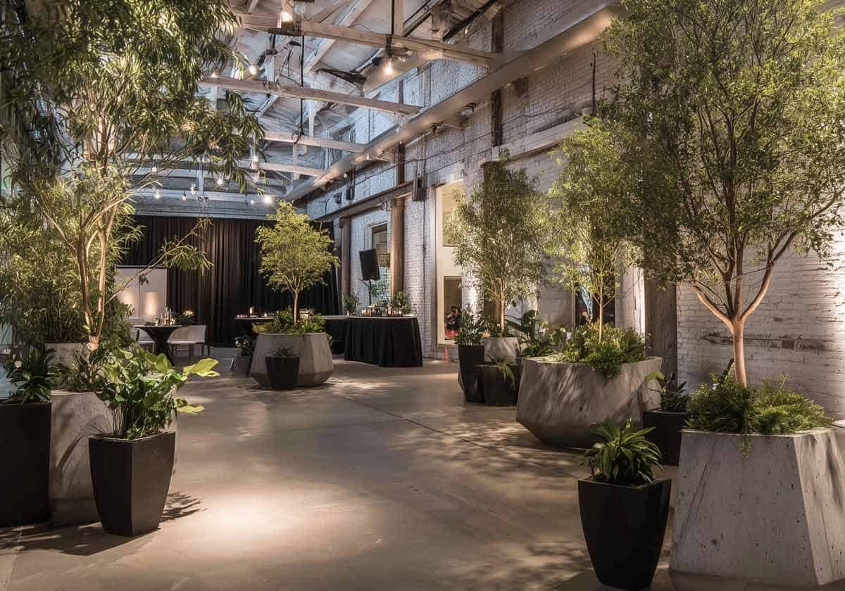 Αίθουσα με σύγχρονο αστικό στυλ διακόσμησης με φυτά εσωτερικού χώρου