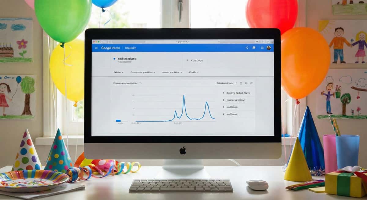 Οθόνη υπολογιστή που δείχνει αναζήτηση παιδικού πάρτυ στο Google Trends