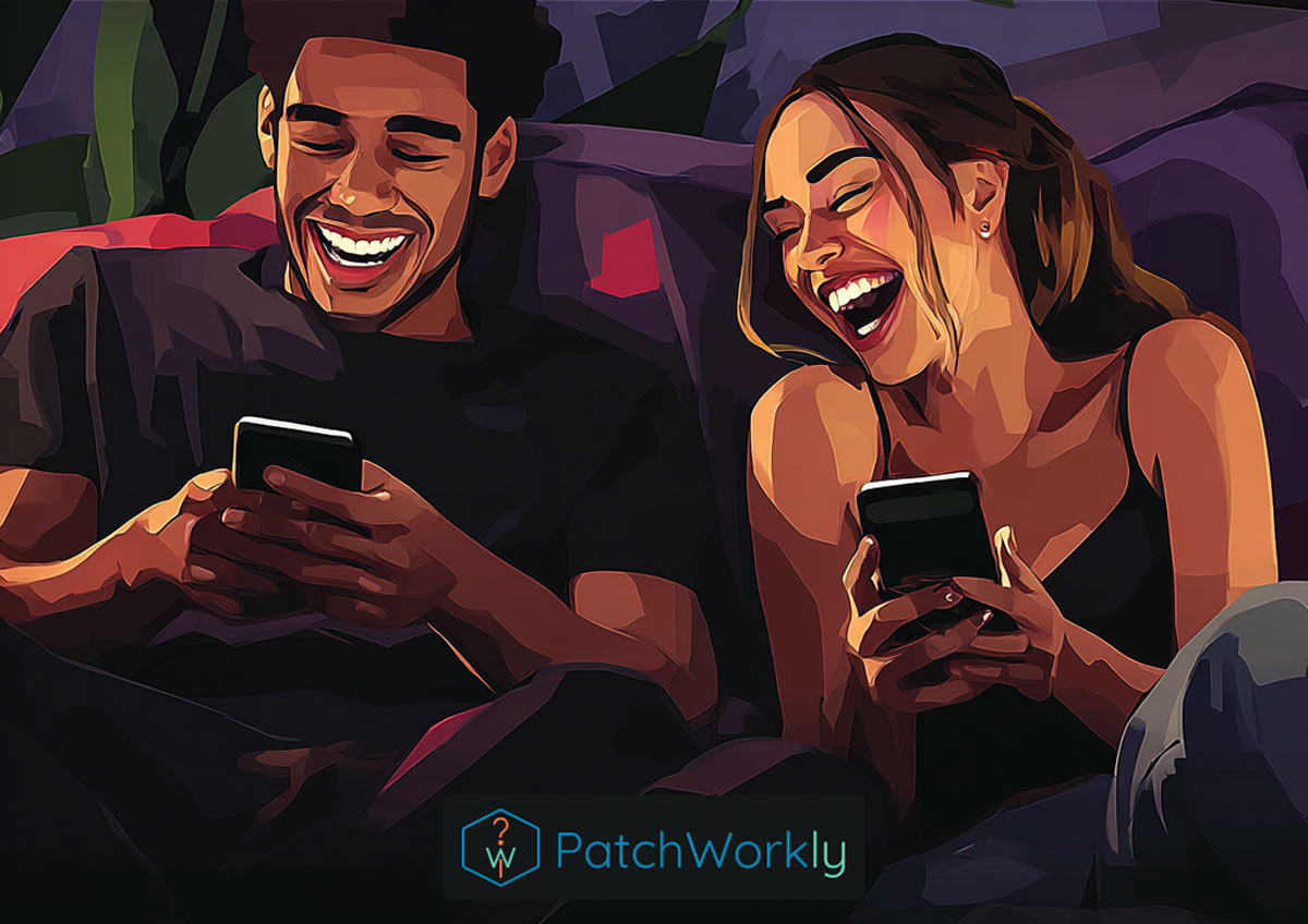 Ζευγάρι γελάει παίζοντας το PatchWorkly