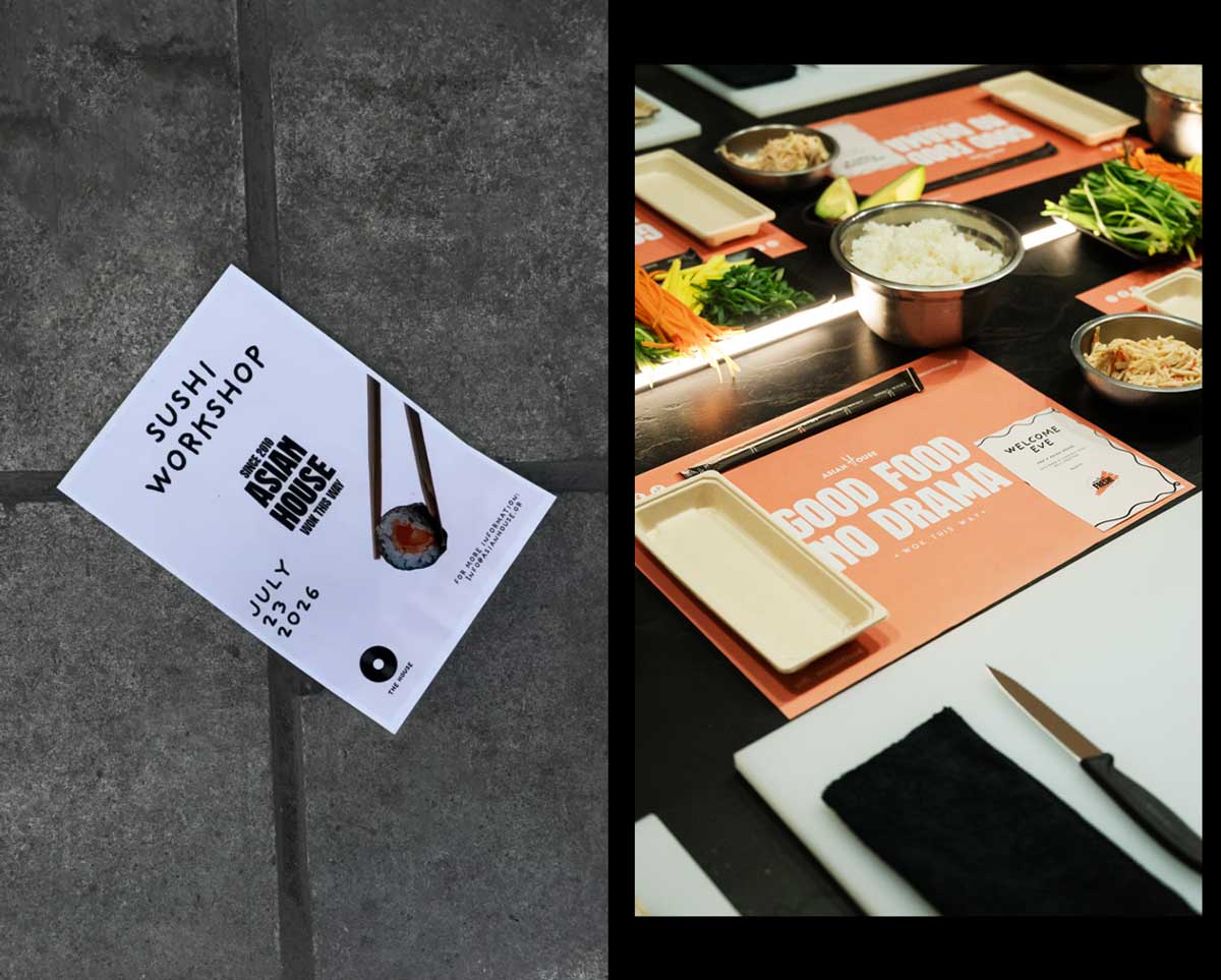 Δημιουργική επιμέλεια του Asian House Sushi Workshop με branded υλικά, sushi ingredients και έντυπο φυλλάδιο ως προσκλητήριο για το workshop